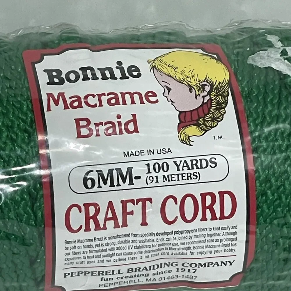New Vintage Bonnie Macrame Braid 6mm 100 Yards Pepperell Craft Cord Green NOS - Picture 2 of 8